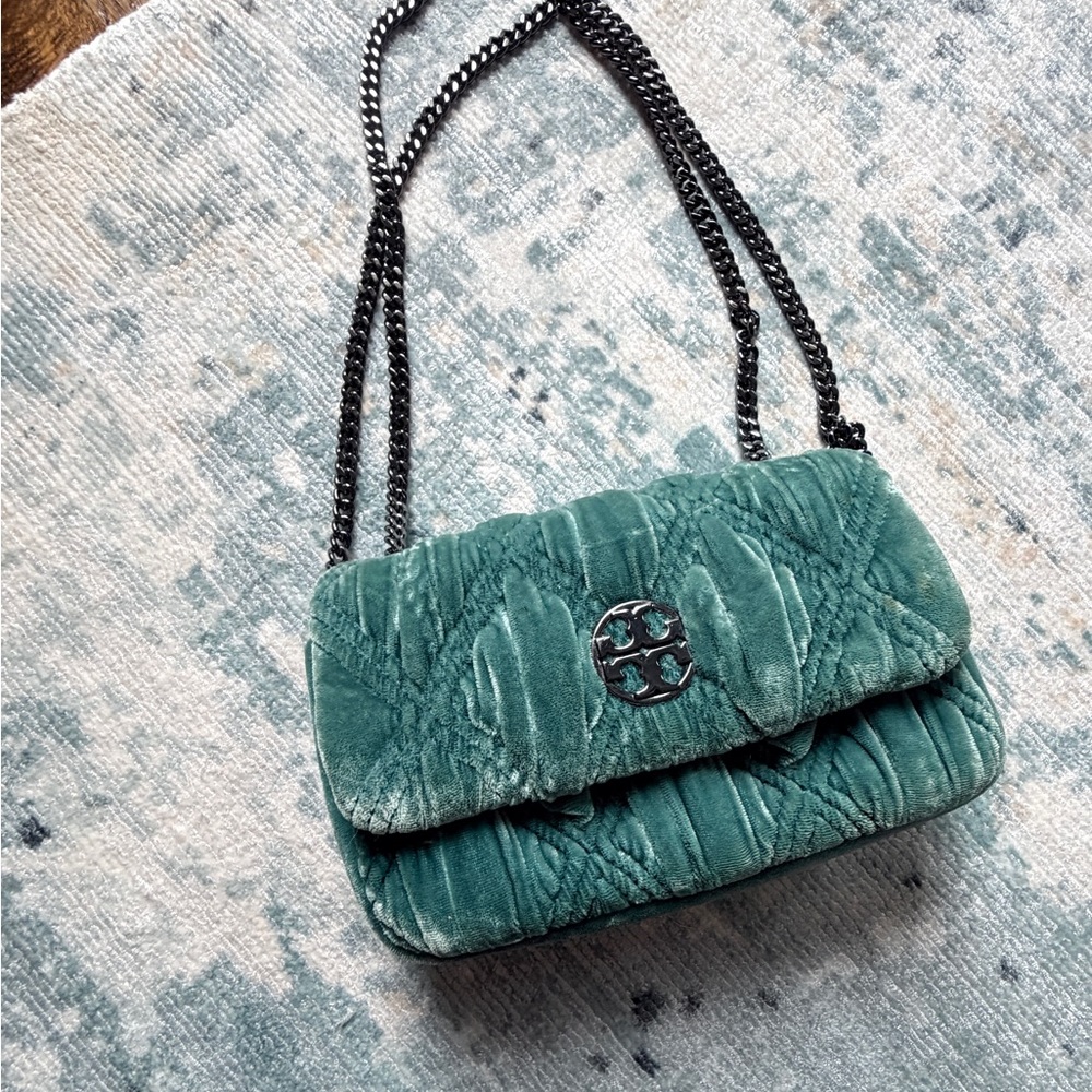 Tory Burch Teal Velvet Quilted Chain Crossbody Bag